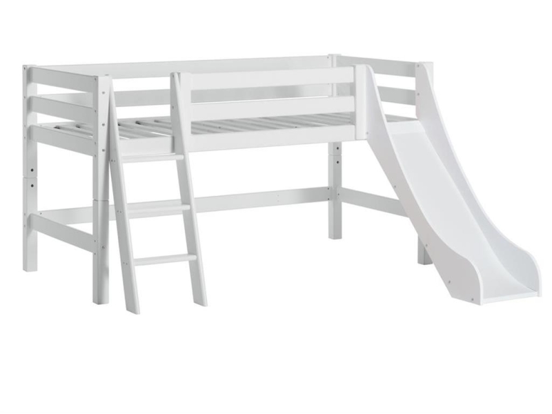 Hoppekids PREMIUM poolkõrge voodi liumäe ja kaldredeliga paindlik voodipõhi 90x200cm valge