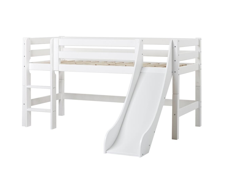 Hoppekids PREMIUM poolkõrge voodi liumäe ja püstise redeliga paindlik voodipõhi 90x200cm valge